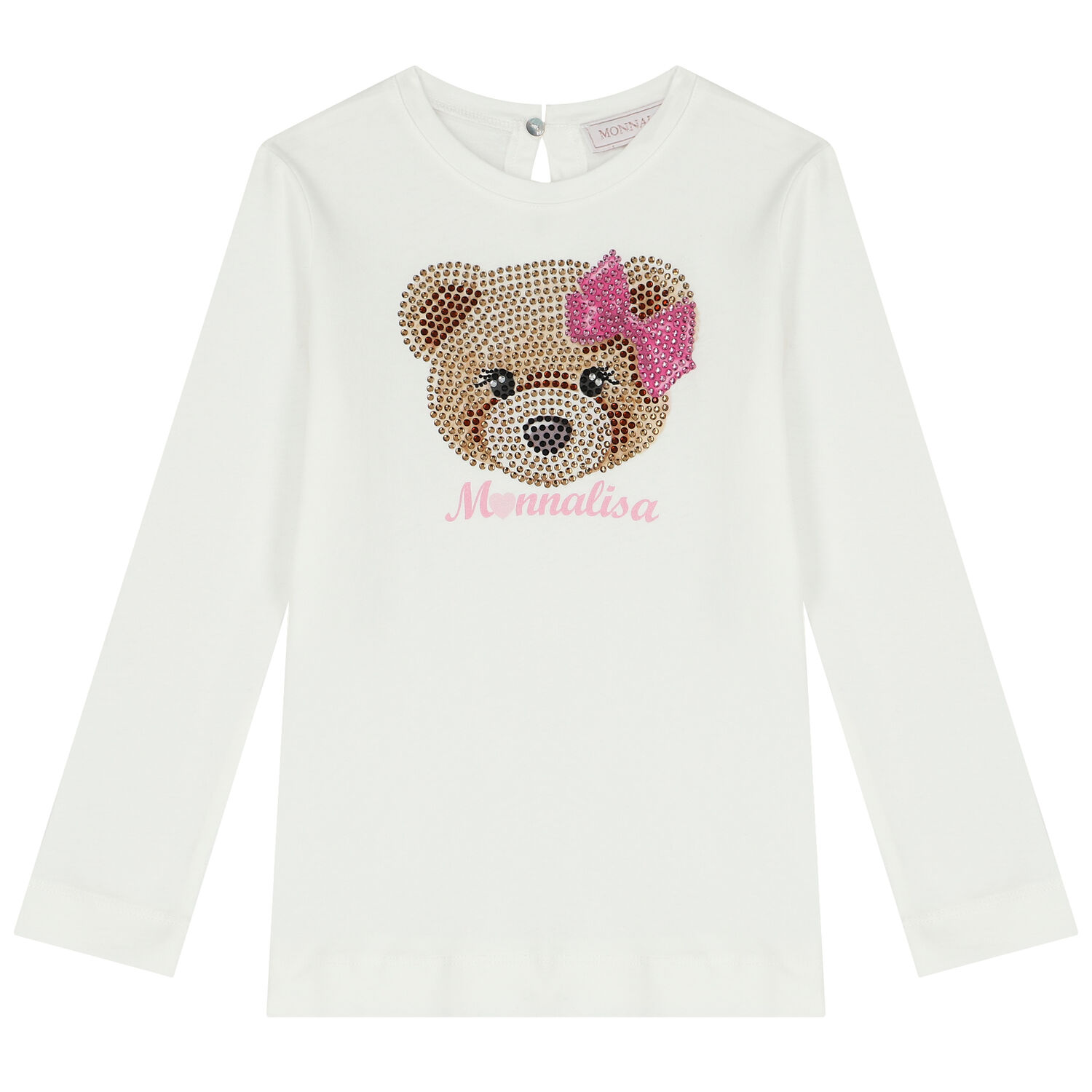 Girls Ivory Teddy Bear Embellished Long Sleeve Top, 1, hi-res
